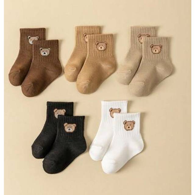 SHEIN 5pairs Baby Socks Infant Toddler Mid-Tube Cute Bear Pattern Kids Socks Solid Color Comfortable
