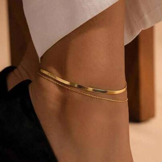 SHEIN 2 Pieces/Set Gold Stainless Steel Electroplated 18K  Flat Chain Anklet Set For Women Suitable For Travel Vacation Seaside Wear Girlfriend Mother Gift