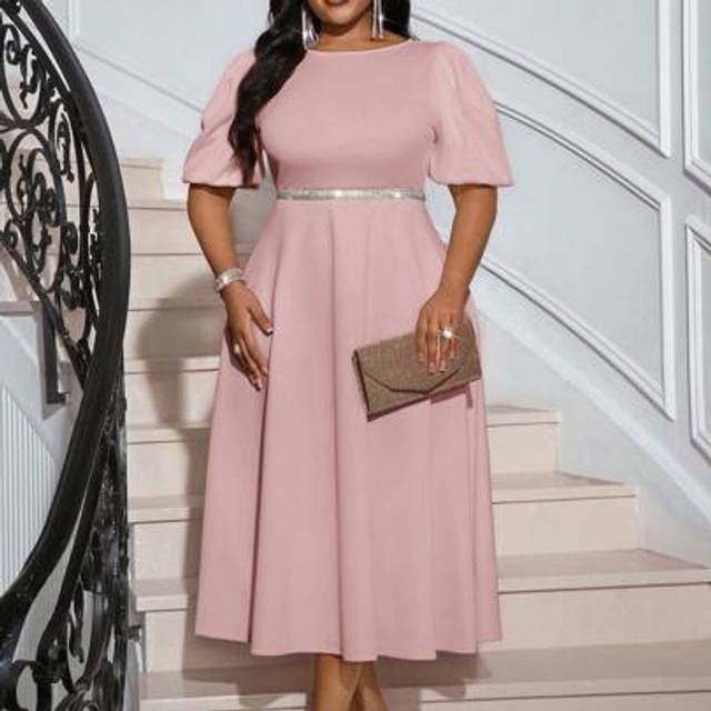 SHEIN Spring And Summer Elegant Commuting Office Pink Knitted Round Neck Flared Puff Sleeve Midi Short Sleeve Plus Size Dresses Office Outfits For Women Dre