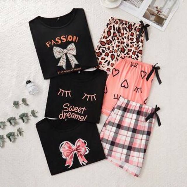 SHEIN 6pcs/Set Plus Size Knitted Round Neck Short Sleeve & Shorts Pajama Set With Printed Design