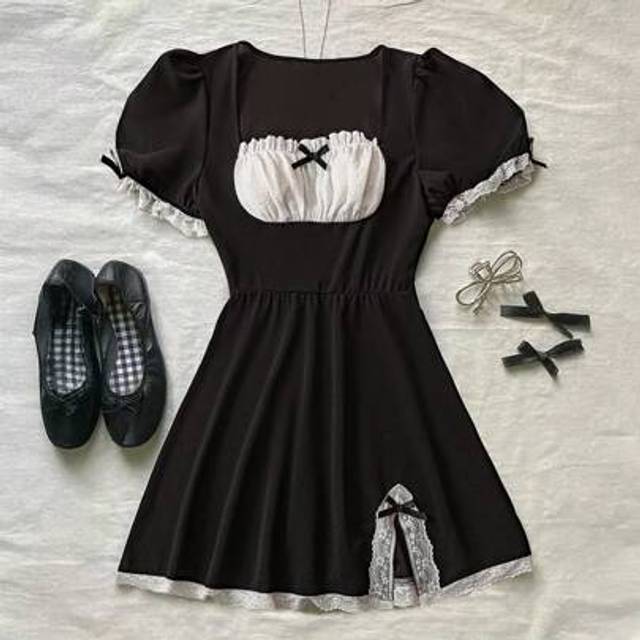 Flirla New Elegant Gothic Puff Sleeve Lace Trim Bow Decor Dress, Fashion Sexy Mini Princess Dress For Ladies, Vacation Wear