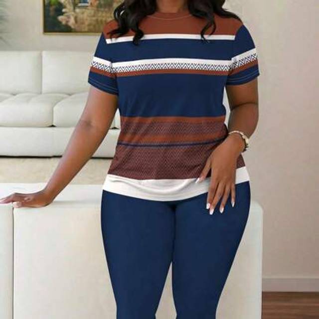 Maweii Plus Size Women&#39;s Vintage Elegant Striped Print Casual Short Sleeve Top And Pants 2 Pieces Set