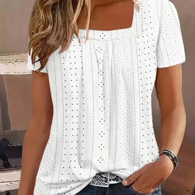 SHEIN Perforated Embroidery Square Neck T-Shirt, Casual Short Sleeve Pleated Front Top, Women Apparel For Spring/Summer
