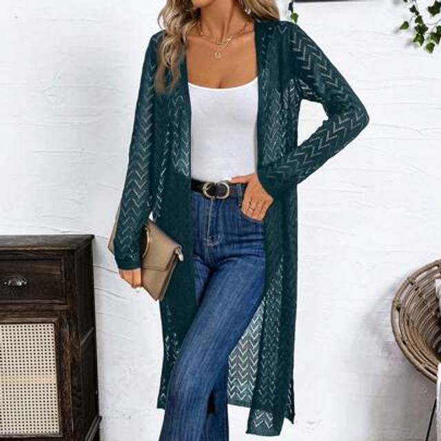 SHEIN Elegant Minimalist Black Long Sleeve Cardigan With Slit Hem, Lightweight Design For Early Autumn, Women