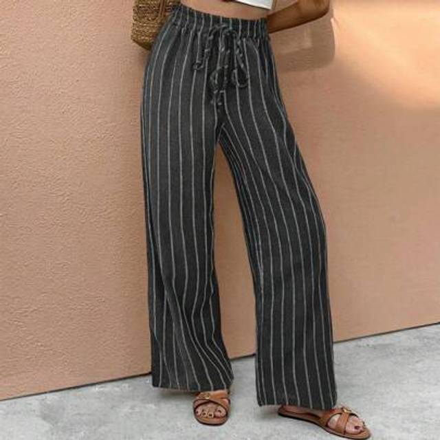 SHEIN Women&#39;s Striped Print Drawstring Waist Casual Straight Leg Pants, Holiday Season Work Pants