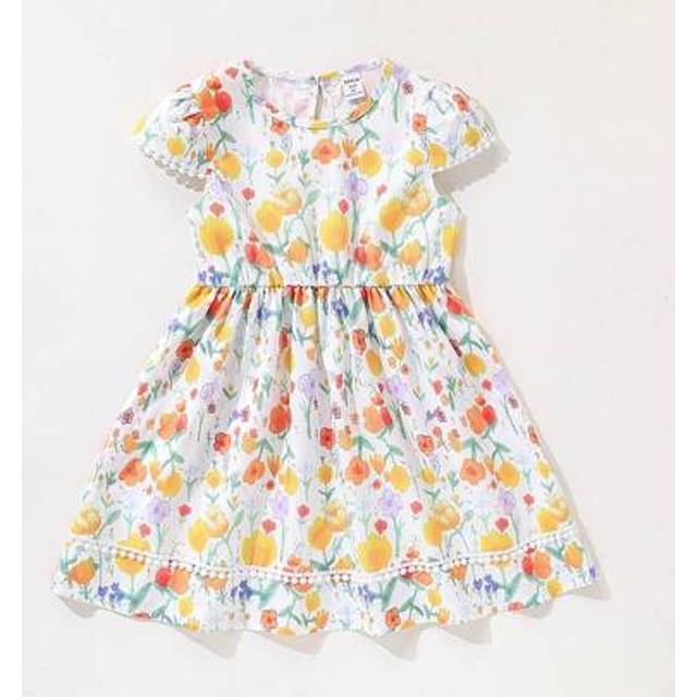 SHEIN Young Girls&#39; Elegant & Sweet Watercolor Floral Print Princess Puff Sleeve Ruffled A-Line Dress, Suitable For Spring/Summer Outings, Parties, Holidays,