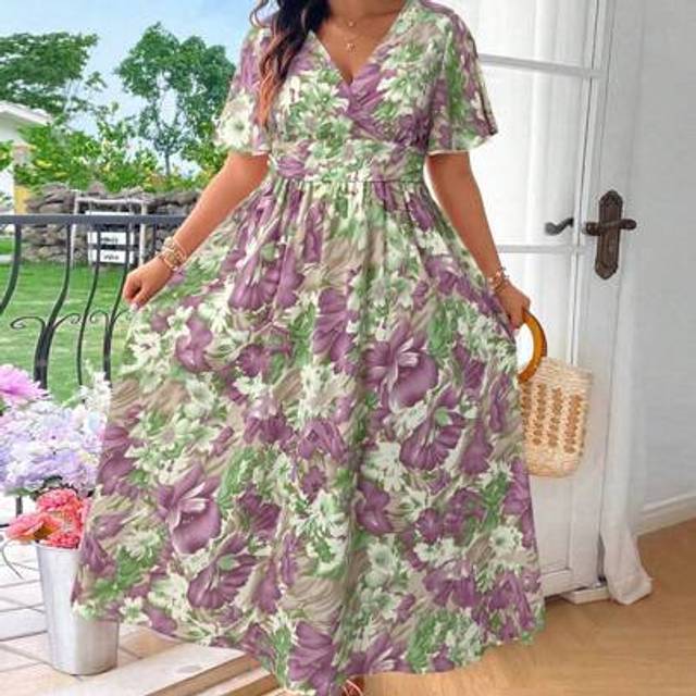 SHEIN Plus Summer Floral Print Overlap V-Neck Ruffle Short Sleeve Long Dress Vacation Maxi Women Outfit