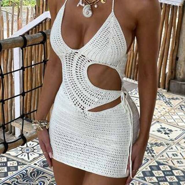 SHEIN Beach Summer Knitted V Neck Halter White Dress Backless Hollow Out Side Lace Up Slim Fit Mini Sundress For Women