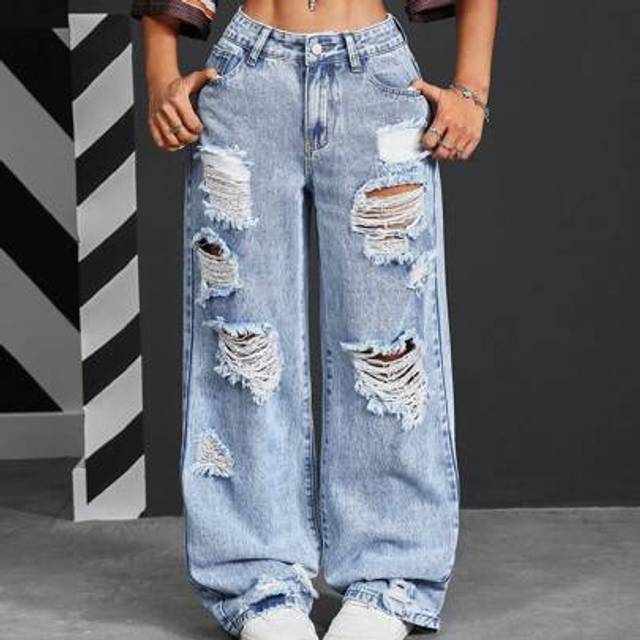 SHEIN Women&#39;s Ripped Wide Leg Loose Casual Versatile Denim Jeans Y2K Pocket Hole Fashion Wash