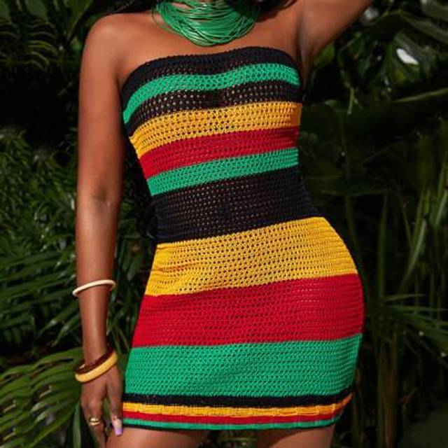 Slaydiva Vacation Summer Striped Color Block Knitted Sweater Crochet Dress