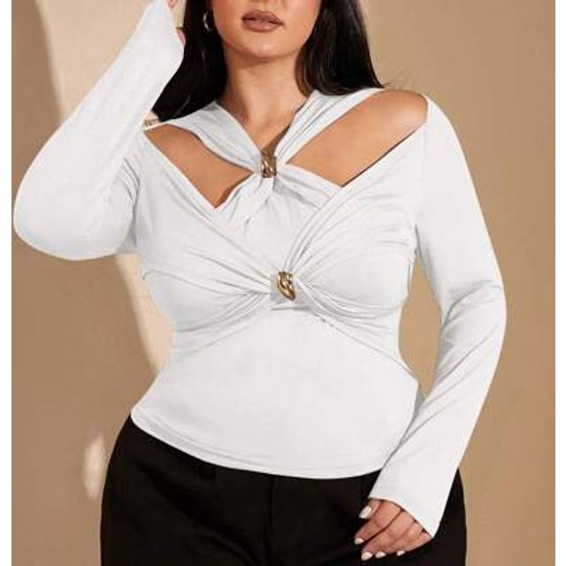 SHEIN Plus Size Curve Women&#39;s Solid Color Twist Front Cutout Long Sleeve Cropped Fitted T-Shirt Fall And Winter Casual T-Shirt Elegant