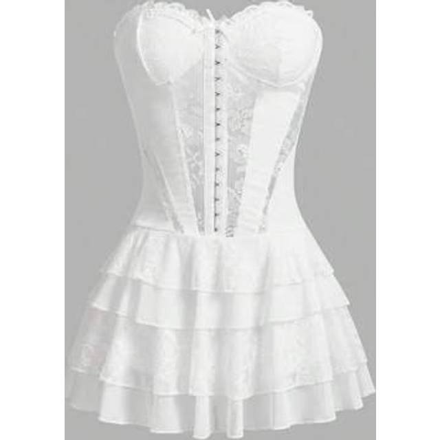 SHEIN Black Bandeau Bustier Top Lace Patchwork Layered Ruffle Mini Dress,Summer Dresses For Women,White Dresses For Women