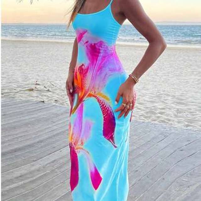 SHEIN Women&#39;s Knitted Positioning Print Beach Vacation Sexy Spaghetti Strap Dress