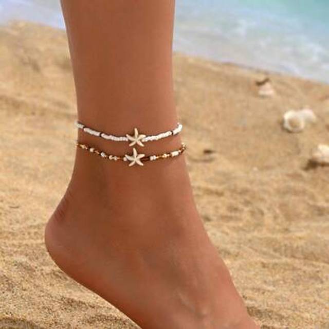 SHEIN 2pcs/Set Hand-Made Rice Pearl & Starfish Beaded Anklet, Simple Beach Ocean Style Jewelry For Women, Suitable For Daily Wear And Holiday Travel