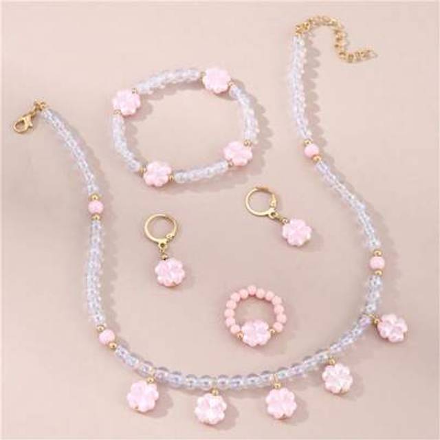 SHEIN 5pcs/Set Girls Pearl Geometric Pendant Necklace Bracelet Ring Earrings Jewelry Set