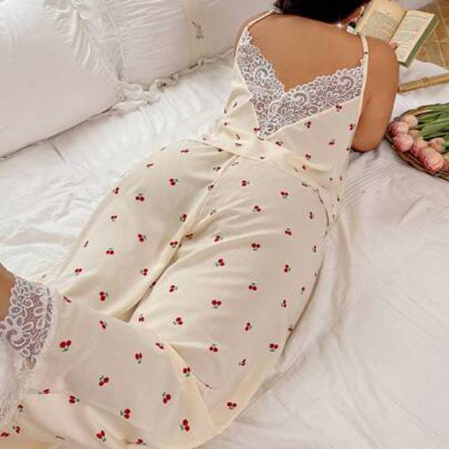 SHEIN Romantic Cherry Lace Plus Size Spaghetti Strap Camisole & Long Pants Sleepwear Set, Vacation