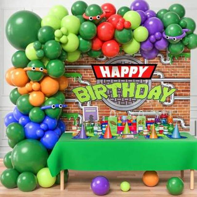 SHEIN 163pcs Green Turtle Theme Balloon Garland Arch Kit, Green Red Blue Purple Orange Etc Latex Balloons And Googly Eye Accessories, Happy Birthday Party B