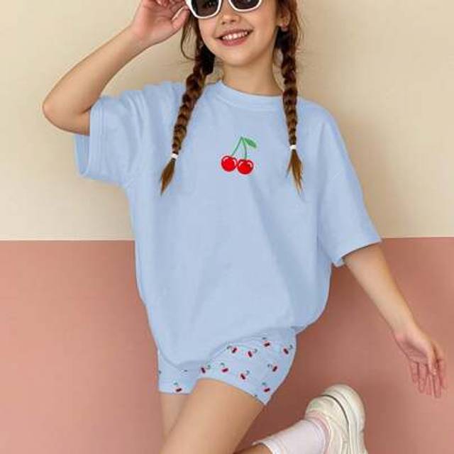 SHEIN 2pcs Tween Girls Casual Simple Short Sleeve T-Shirt And Shorts Set, Suitable For Summer