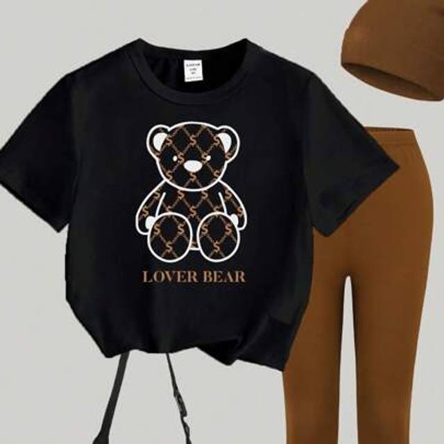 SHEIN Teen Girls&#39; Casual Fashion Creative Floral & Bear Pattern Print Tee + Leggings Set