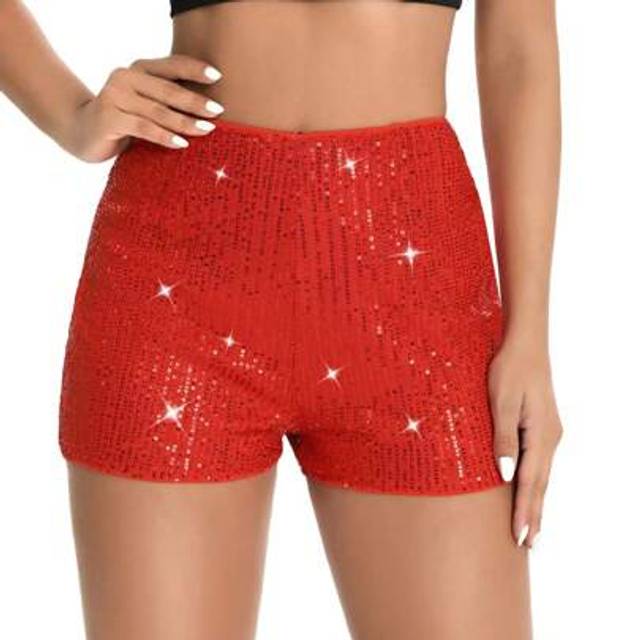 SHEIN Women&#39;s Sequin Sparkle Elastic High Waist A Line Party Concert Shorts Summer Shiny Glitter Mid Waist Elastic Band Straight Leg Shorts Hot Pants For Pa