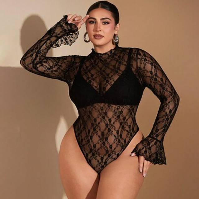 SHEIN Plus Size Curve Women Elegant Party Sexy Sweet See-Through Black Lace Ruffle Cuff Bodysuit Black Long Sleeve Plus Size Sets Fall Turtle Neck Bodysuit