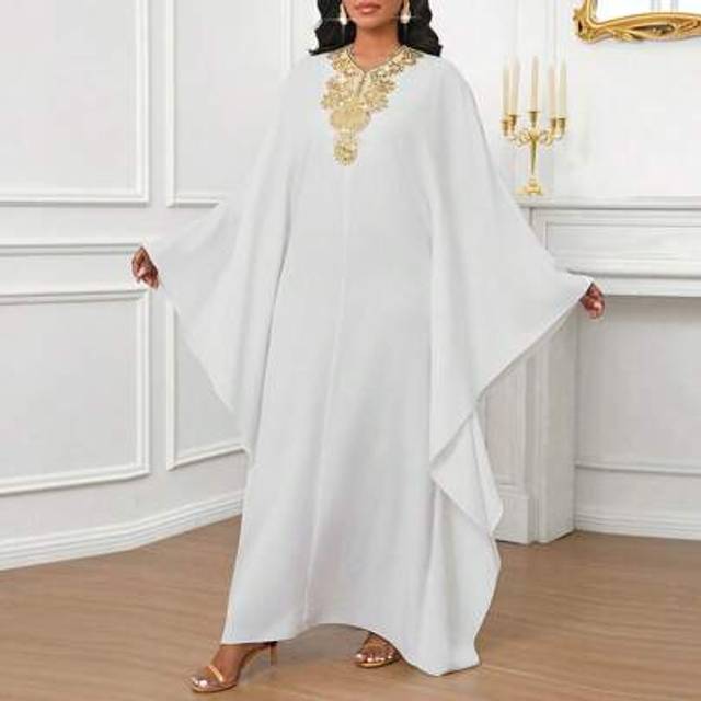 SHEIN Spring Summer Modest Dress Abaya Dress White Elegant Casual Vacation Gold Sequin Design Neck Flower Vacation Outfits Woman White Dresses For Women Sum