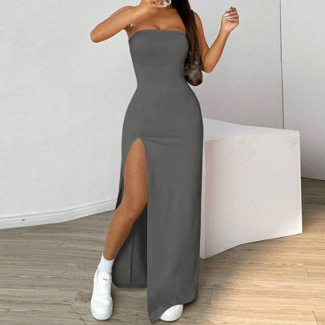 SHEIN Ladies&#39; Solid Color Simple Daily Strapless Split Dress
