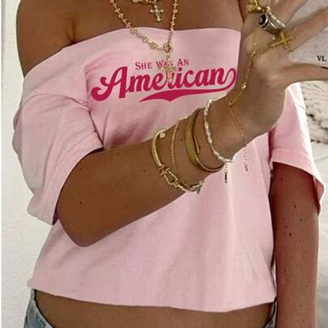 SHEIN Women&#39;s Fashionable Y2K Streetwear Pink Letter Print Open Shoulder Cropped T-Shirt