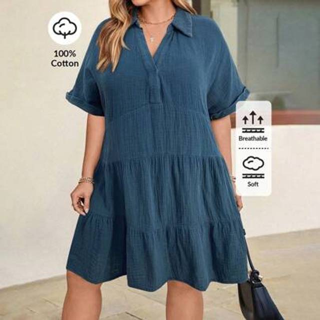 Luneh SHEINLUNE Women Plus Size 100% Cotton Washed V-Neck Casual Dress,Summer Dresses For Women,Teacher Outfits For Women,Rave Outfits Festival, Western Wea