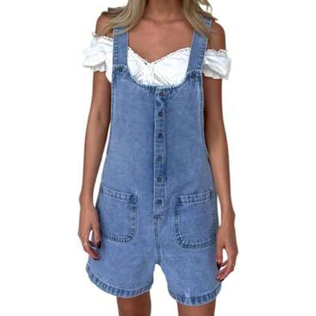 SHEIN Women Denim Bib Overalls Shorts Solid Color Baggy Jean Jumpsuit Romper Pants With Pockets For Streetwear