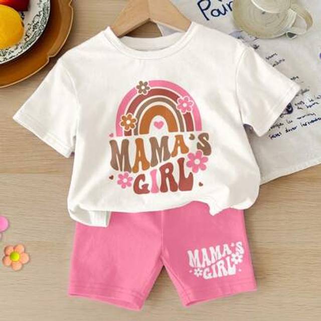SHEIN 2pcs/Set Cute Rainbow Flower Pattern &#34;Mama&#39;s Girl&#34; Young Girl Casual Loose Short Sleeve T-Shirt And Shorts Set, Suitable For Summer