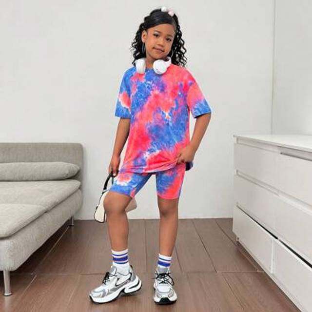 SHEIN Tween Girl Casual Tie-Dye Print Loose T-Shirt And Skinny Leggings 2 Piece Set