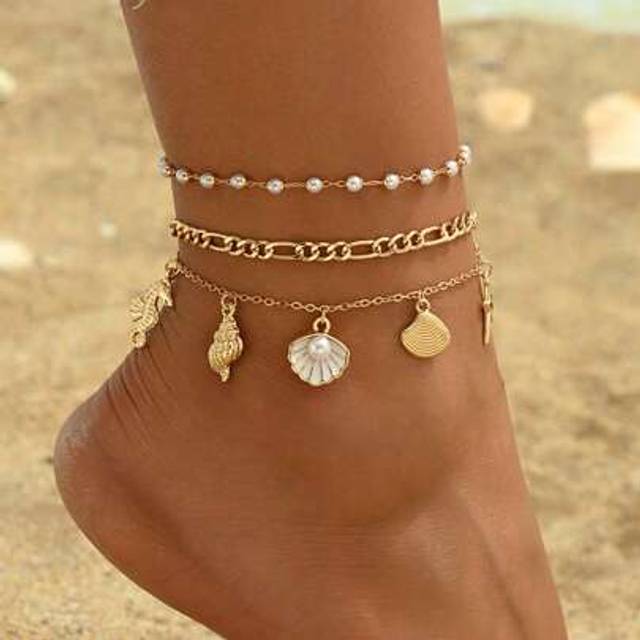 SHEIN 2 Pieces/Set Ocean Style Pendant Anklet, Fashion Beach Holiday Gold Metal Starfish Shell Multi-Layer Wear For Women, Suitable For Daily, Beach, Vacati