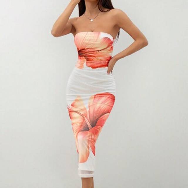 SHEIN Romantic Date Strapless Printed Bodycon Dress For Women