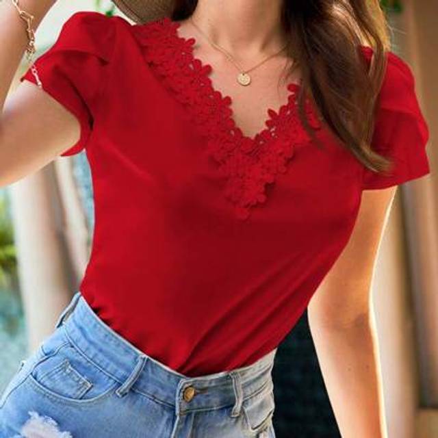 SHEIN Solid Color V-Neck Shirt With Puff Sleeves For Vacation And Casual Wear,Short Sleeve Tops