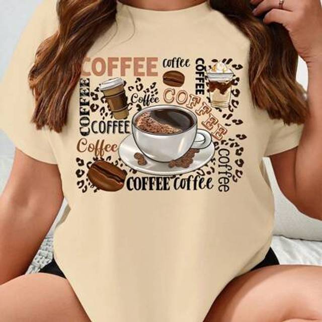 Calvaya Plus Size Summer Coffee Lovers Vintage T-Shirt Cute Coffee Pattern Round Neck Women&#39;s Printed Short Sleeve T-Shirt
