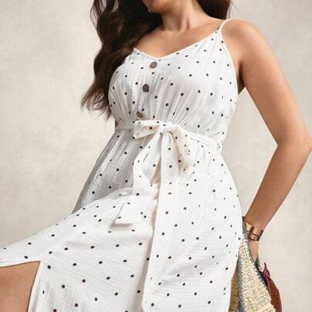 Zelara Plus Size Summer Vacation Polka Dot Printed Sling Sleeveless Dress Easter Bohemian Graduation Wedding Guest Dress Women Mother&#39;S Day Gift Ladies Summe
