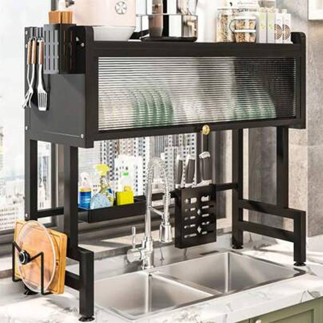 SHEIN Multi-Functional Dish Drying Rack Over The Sink, Heavy Duty 33.5&#34; Drainer With Knife Board Holder & 6 Hooks, Modern Black Kitchen Organiser