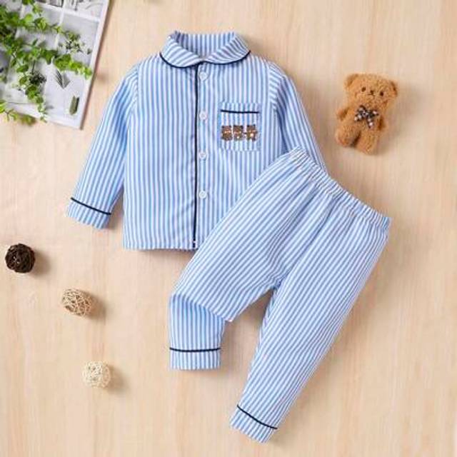 SHEIN Baby Boy Blue & White Striped Pocket & Teddy Bear Patterned Long Sleeve Pajamas Set With Trousers