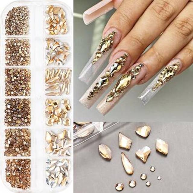 SHEIN 3D Gold Crystal Nail Rhinestones Irregular Flat Back Diamond Gemstone Y2K Aesthetic Nail Art Decoration Charms Nail Supplies 12Grids