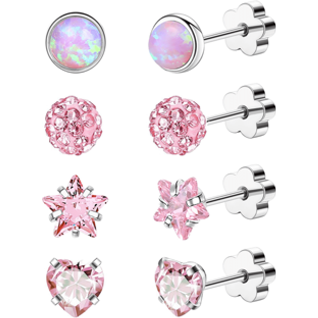 SHEIN 4 Pairs Women Hypoallergenic Flat Back Earrings 14K Gold Cartilage Earrings For Sensitive Skin Star Heart Opal Helix Screwback Stud Earrings Pink, Sil