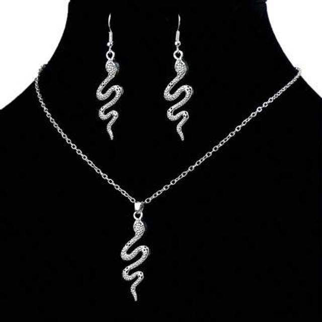 SHEIN 3pcs Set Retro Vintage Silver Snake, Butterfly, Bird, Dragonfly Animal Inspired Necklace & Earrings Set For Women