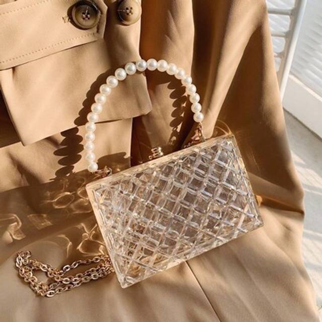 SHEIN 1pc New Acrylic Clutch Bag With Faux Pearl, Rhombus Transparent Chain Handbag, Elegant Wallet & Phone Bag Perfect For Party Dress, Gifts For Women, Su