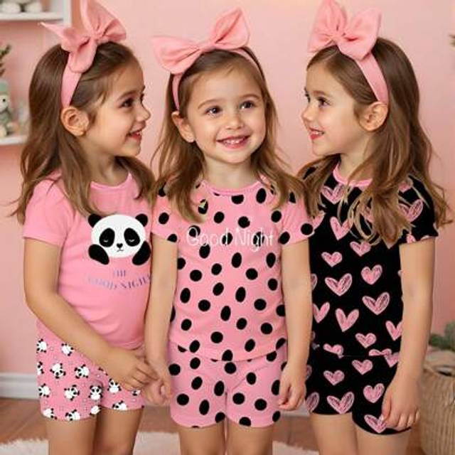 SHEIN 6pcs/Set Baby Girl Pajamas, Panda Polka Dot Heart Cartoon All-Over Print Snug Fit Short Sleeve Shorts Knit Homewear, Summer