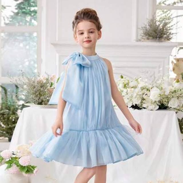 SHEIN Young Girl Bow Tulle Easter Dress, Elegant Princess Gown, Suitable As Birthday Gift, Party, Wedding, Holiday Outfit For Flower Girl