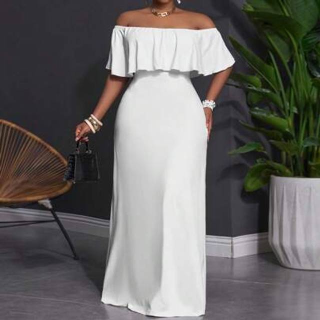 Slaydiva 2025 New Plus Size Women Versatile Casual Simplistic Design Sleeveless Off Shoulder Ruffle Hem High Stretch Dress, Suitable For Spring/Summer