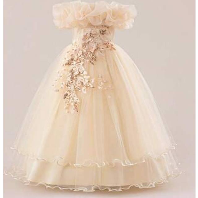 SHEIN Girls Flower Embroidery One Shoulder Wedding Flower Girl Long Dress