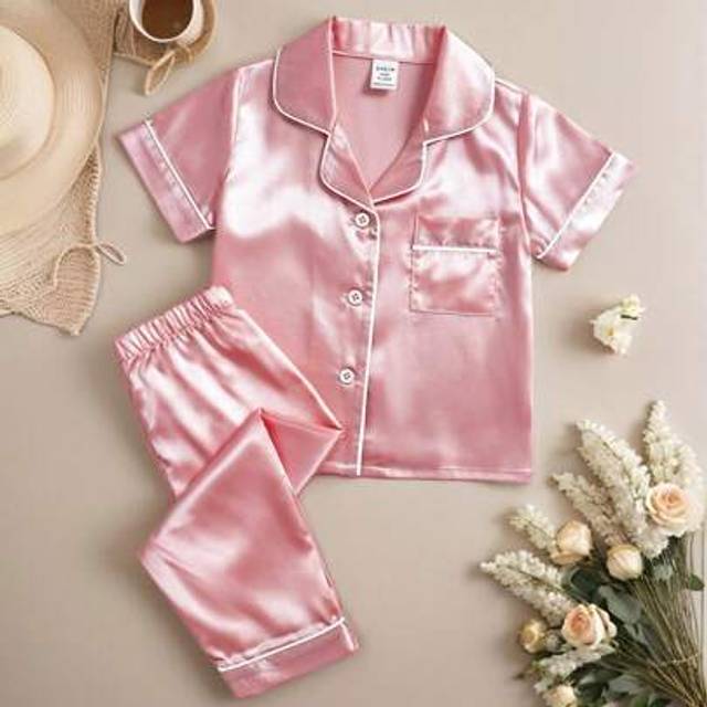 SHEIN 2pcs Baby Girl&#39; Spring & Summer Solid Color Baby Pink Satin Pajamas Short Sleeve Top & Pants Casual Comfortable Pajamas Set Summer Pj Sets Baby Satin