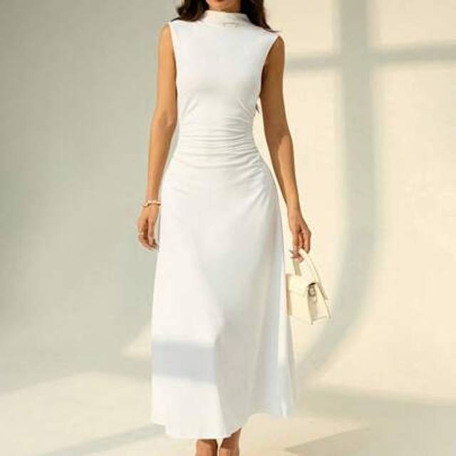 SHEIN Valentine&#39;s Day New White Stand Collar Sleeveless Ruched A-Line Maxi Dress, Elegant Romantic Date & Work Outfit,Summer Dresses For Women,Graduation Dr