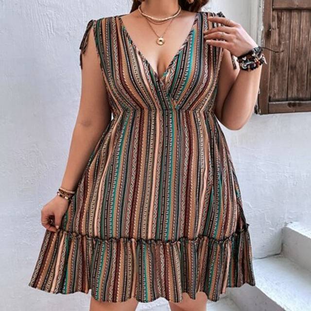 SHEIN Summer Beach Shoulders Tunnel Drawstring Plus Striped & Chevron Print Ruffle Hem Woman Dress